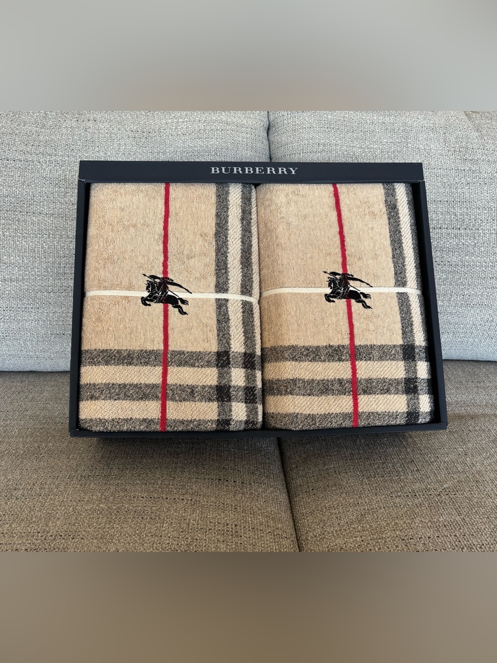 Burberry Beige Check Large Bath Towels with Red Stripe